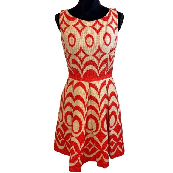 Taylor Orange and Cream A-Line Pleated Fit & Flare Midi Dress - Picture 2 of 11